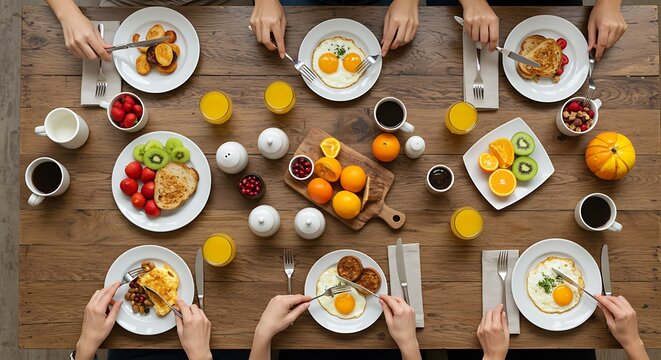 Top View of Group Enjoying Hearty Breakfast Meal Together at a Wooden Table - Powered by Adobe
