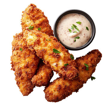 Crispy golden brown chicken tenders with a creamy dipping sauce and fresh parsley garnish isolated on transparent background