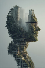 Profile of a face made of buildings and trees wearing glasses in a misty landscape