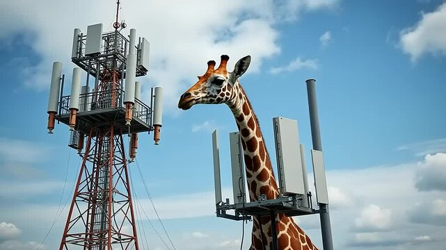 Surreal scene of a giraffe wearing cell tower antennas amidst a cloud filled blue sky