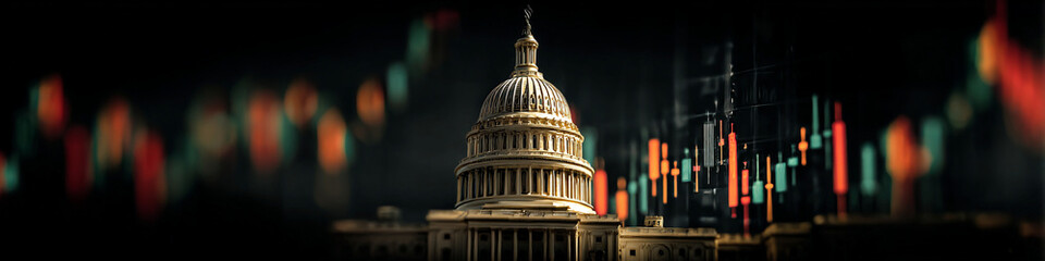 A golden capitol building with stock market graph in the background at night time