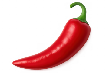 Vibrant, ripe red chili pepper with attached green stem, isolated on a transparent background, ready for culinary or design projects