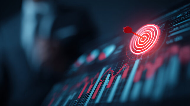 Business goal setting and strategic planning. professional analyzing financial reports and business analytics, with a glowing target and performance tracking in corporate strategy