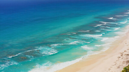 Aerial view of a tropical beach with turquoise water and white sand, creating a serene and inviting scene.