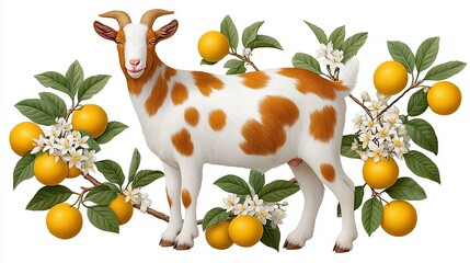 Detailed Illustration of a Goat Among Orange Citrus Blossoms,Hari Raya Haji  Eid al-Adha