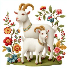 Embroidered White Goats and Flowers Illustration,Hari Raya Haji  Eid al-Adha