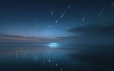 Meteor Shower Over Ocean &ndash; Night Sky Reflections