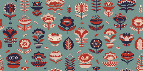 Vector botanical seamless pattern with folkloric flowers. Simple plants floral shapes as a background. Hand drawn geometric minimalistic repeatable backdrop.
