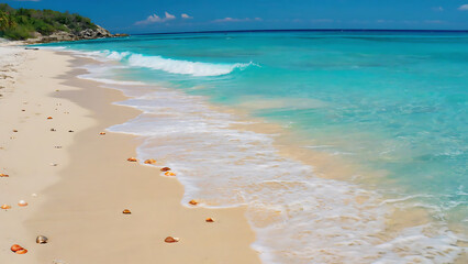 Idyllic beach scene with turquoise water, white sand, and scattered seashells under a clear blue sky.