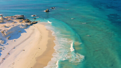 Aerial view of a tropical beach with turquoise water and white sand, perfect for a relaxing vacation.