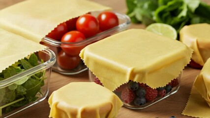 Reusable food wraps covering glass containers with fruits and vegetables