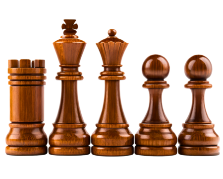 Wooden chess pieces including the king, queen, rook, and pawns on a transparent background