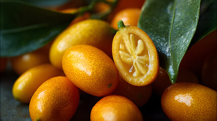 Fresh Kumquat Fruits and Leaves on Rustic Grey Surface