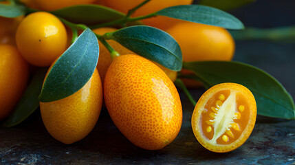 Fresh Kumquats on Dark Surface with Green Leaves and Sliced Fruit