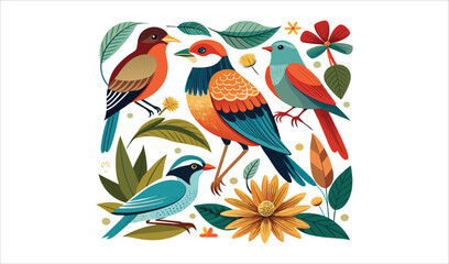 Vibrant bird illustration with tropical flowers and leaves