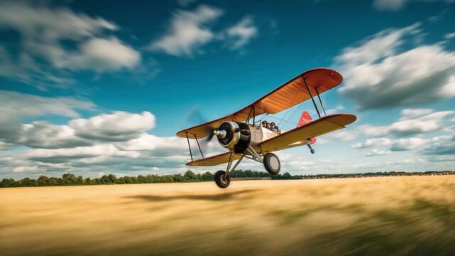 This footage captures a biplane in flight. It showcases the elegance of aviation against a serene backdrop. Perfect for projects about flight and exploration. Generative AI