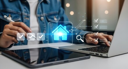 A person uses a digital tablet to manage real estate online