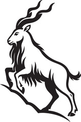 Black and white silhouette of a markhor goat, Majestic mountain goat vector illustration