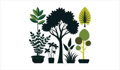 Collection of stylized potted plants and trees