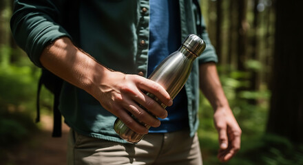 Man holding a reusable metal water bottle while hiking in a forest.