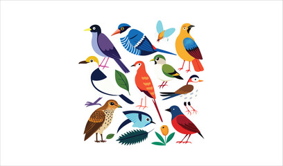 Collection of colorful birds and insects illustration