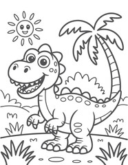 Obraz premium Happy dinosaur under a smiling sun with palm tree cartoon prehistoric