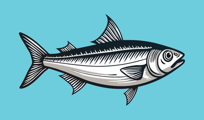 Engraved style tuna fish illustration on blue