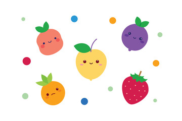 Kawaii Fruits And Berries Scattered On White Background
