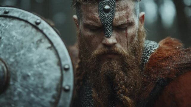 This footage features a warrior in a mystical forest setting. The video captures intense emotion and the essence of ancient battles. Ideal for historical and fantasy projects. Generative AI