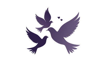 Three purple doves in flight with hearts