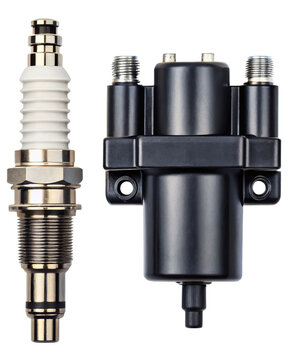 Vehicle engine ignition coil and a new spark plug component on a transparent background