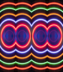 Vividly glowing neon light circles in multicolor tones, featuring a mesmerizing and vibrant...