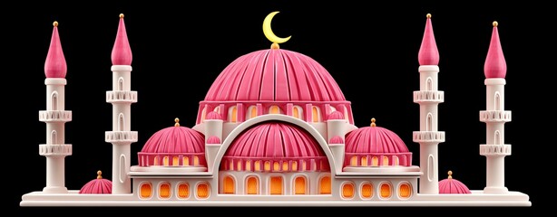 Pink Mosque Model with Tall Minarets and Detailed Domes,Hari Raya Haji  Eid al-Adha
