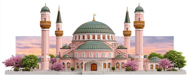 Pink Mosque with Green Dome at Sunset,Hari Raya Haji  Eid al-Adha