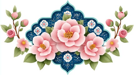 Pink Peonies in Ornate Teal Frame on White Background,Hari Raya Haji  Eid al-Adha