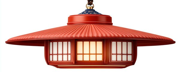 Red Japanese Style Tiled Roof Lantern with Warm Interior Lighting,Hari Raya Haji  Eid al-Adha
