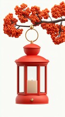 Red Lantern and Orange Berries Hanging Against White Background,Hari Raya Haji  Eid al-Adha