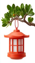 Red Lantern Hanging from Lush Green Branch,Hari Raya Haji  Eid al-Adha