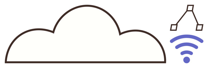 Cloud outline combined with wireless signal icon and digital editing node structure. Ideal for connectivity, cloud computing, networking, data transfer, wireless, digital technology, simple flat