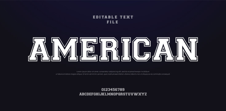 American college classic font. Vintage sports font in American style for T-shirt designs for football, baseball, and basketball teams. College, school and varsity style font, tackle twill. Vector
