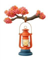 Whimsical Orange Lantern Hanging from a Branch with Pink Blossoms,Hari Raya Haji  Eid al-Adha