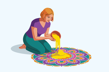 Woman Creating Vibrant Rangoli Design with Yellow Powder