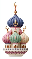 Whimsical Pastel Mosque Illustration with Multiple Domes and Crescent Moons,Hari Raya Haji  Eid al-Adha