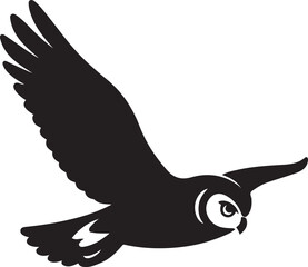 Flying owl silhouette bold black design, Owl in flight bird vector illustration