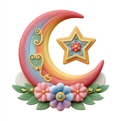 Whimsical Rainbow Crescent Moon with Star and Flowers,Hari Raya Haji  Eid al-Adha