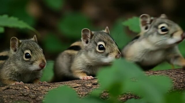 Three baby squirrels on tree trunk in forest
