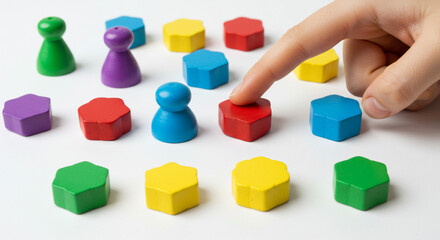 Hand selecting a red hexagon block from a colorful assortment of wooden game pieces on white background