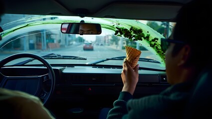 Funny Ice Cream Splat on a Car Windshield