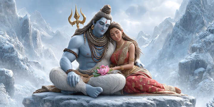 close up of lord shiva and parvati sitting together