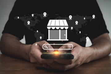 Shopping Online. customer buy product on smartphone, food delivery, payment online, digital marketing, delivery tracking system, shopping online platform, internet network technology concept